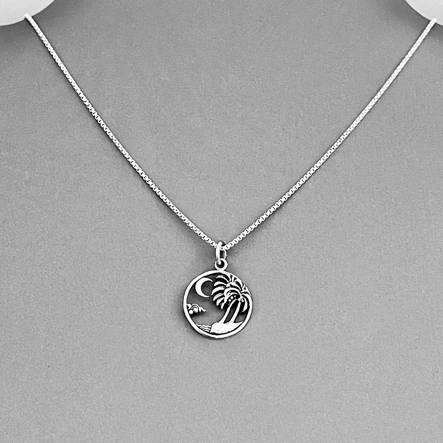 Sterling Silver Beach Palm Tree & Crescent Moon Necklace – Island Tropical Silver Pendant Chain