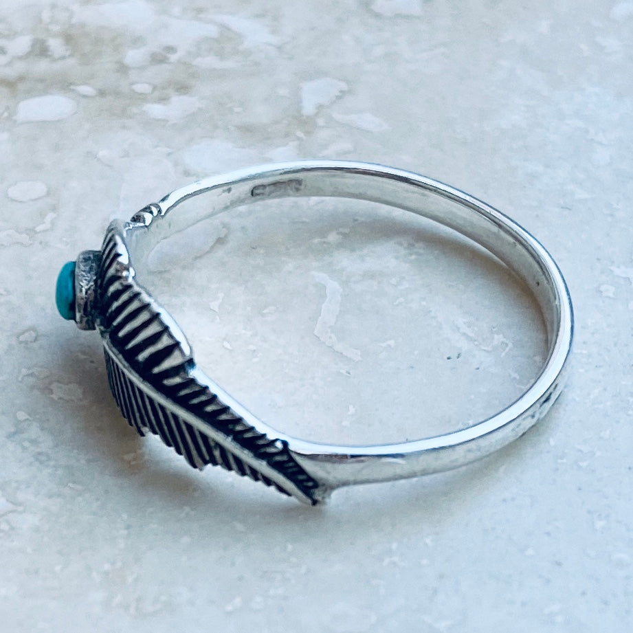 Sterling Silver Dainty Feather Ring with Turquoise Stone, Angels Wings Jewelry, Spirit Birds