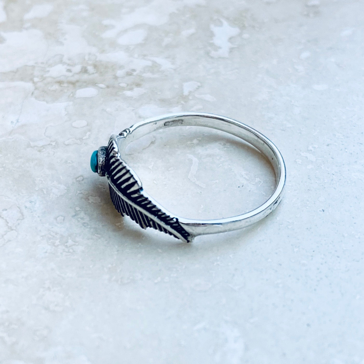 Sterling Silver Dainty Feather Ring with Turquoise Stone, Angels Wings Jewelry, Spirit Birds