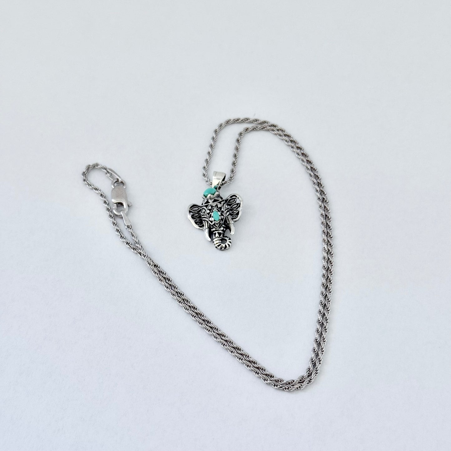 Sterling Silver Filigree Ganesha Elephant Necklace with Synthetic Turquoise, Silver Necklaces, Animal Chain, Elephants