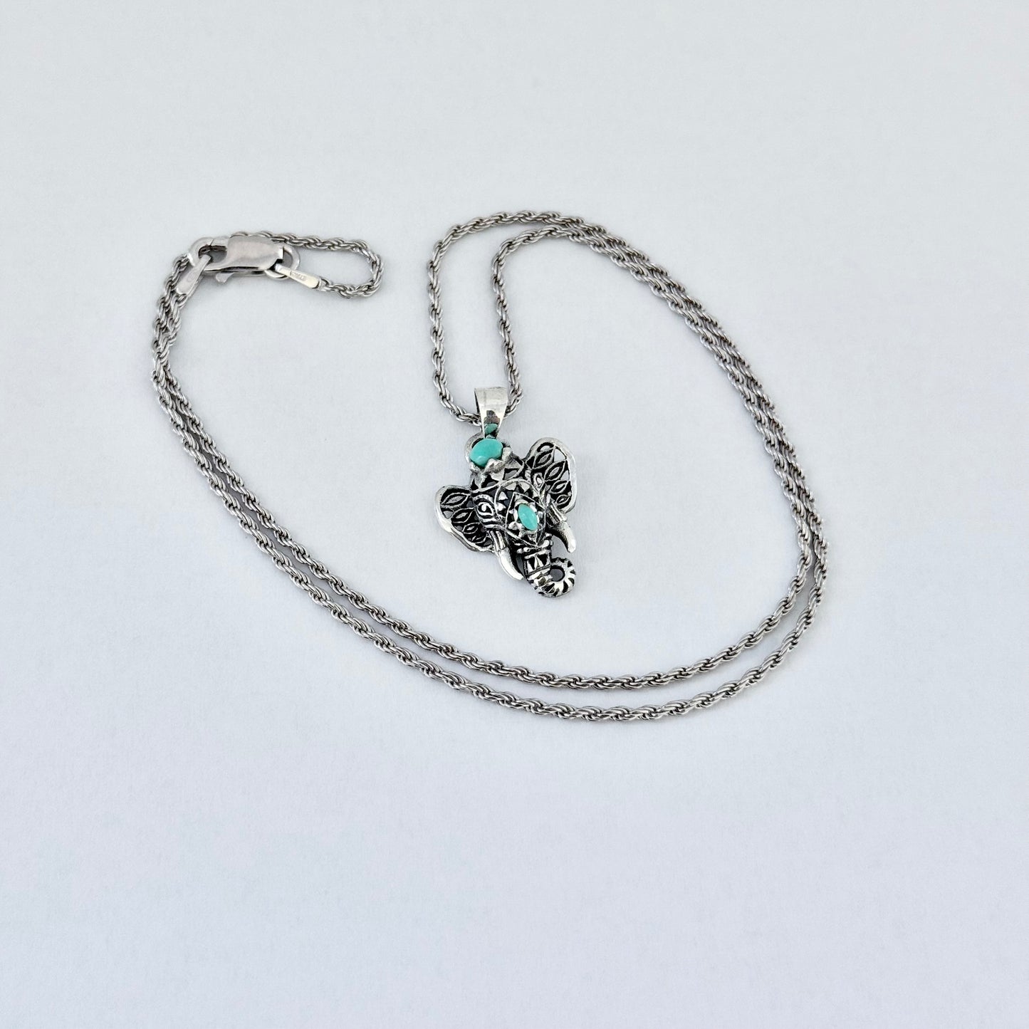 Sterling Silver Filigree Ganesha Elephant Necklace with Synthetic Turquoise, Silver Necklaces, Animal Chain, Elephants