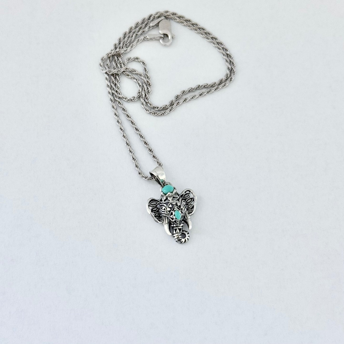 Sterling Silver Filigree Ganesha Elephant Necklace with Synthetic Turquoise, Silver Necklaces, Animal Chain, Elephants