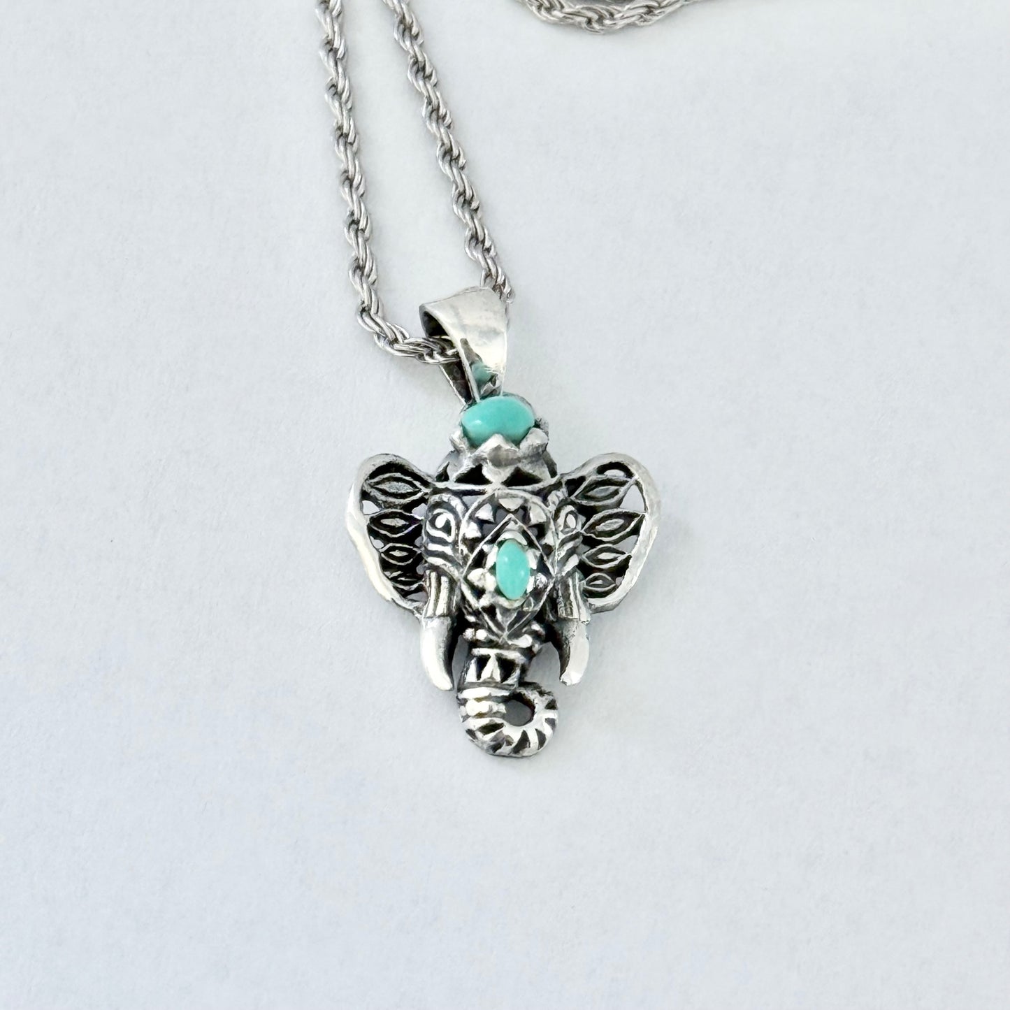Sterling Silver Filigree Ganesha Elephant Necklace with Synthetic Turquoise, Silver Necklaces, Animal Chain, Elephants