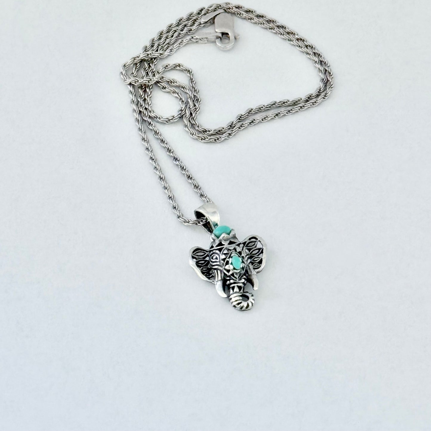 Sterling Silver Filigree Ganesha Elephant Necklace with Synthetic Turquoise, Silver Necklaces, Animal Chain, Elephants