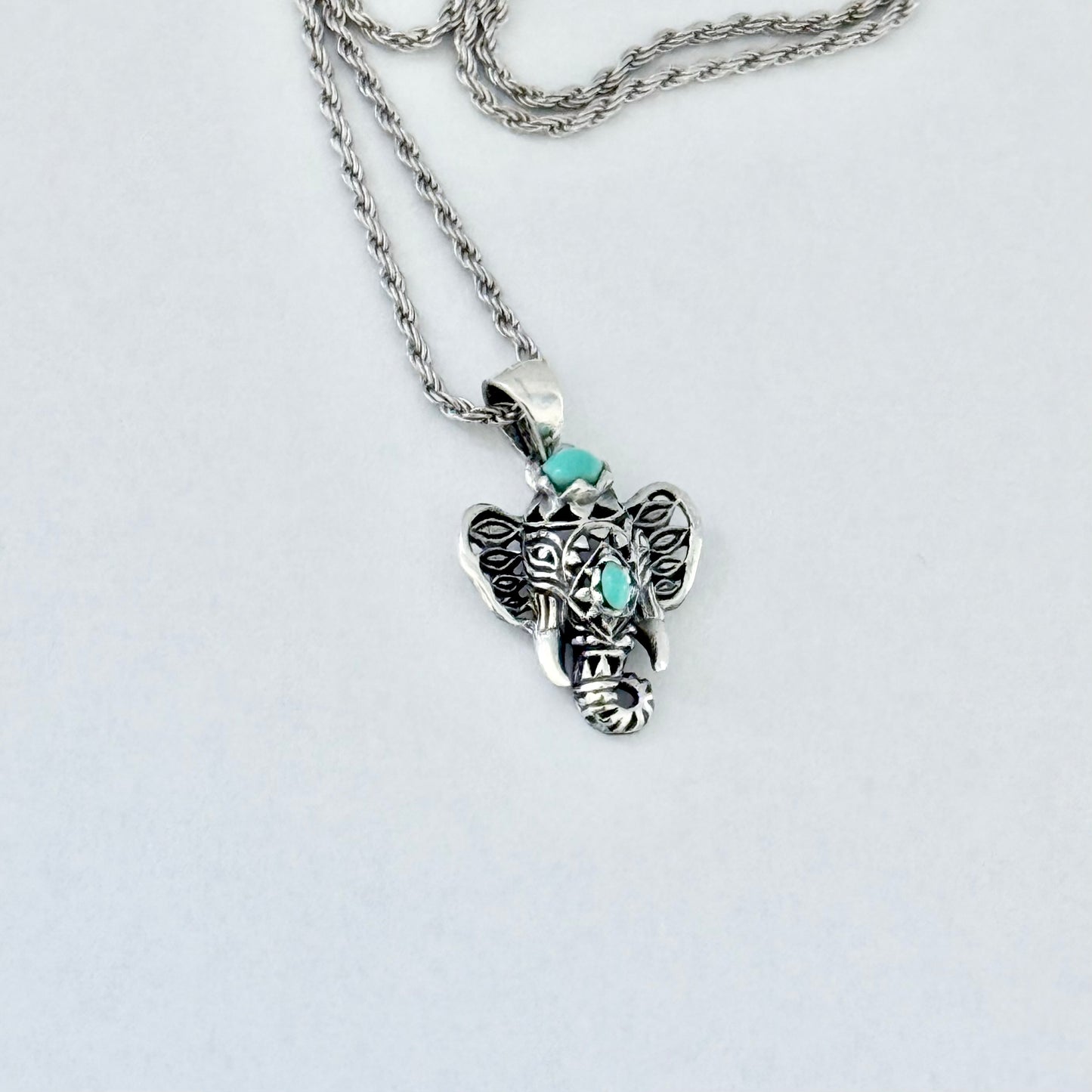 Sterling Silver Filigree Ganesha Elephant Necklace with Synthetic Turquoise, Silver Necklaces, Animal Chain, Elephants
