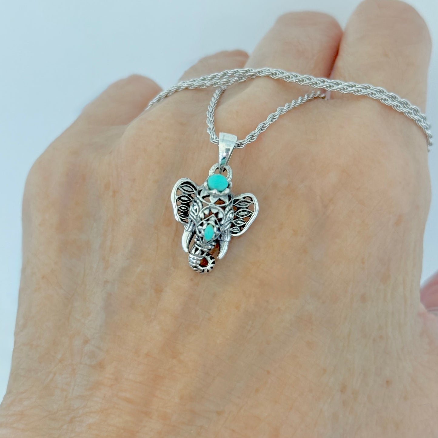 Sterling Silver Filigree Ganesha Elephant Necklace with Synthetic Turquoise, Silver Necklaces, Animal Chain, Elephants