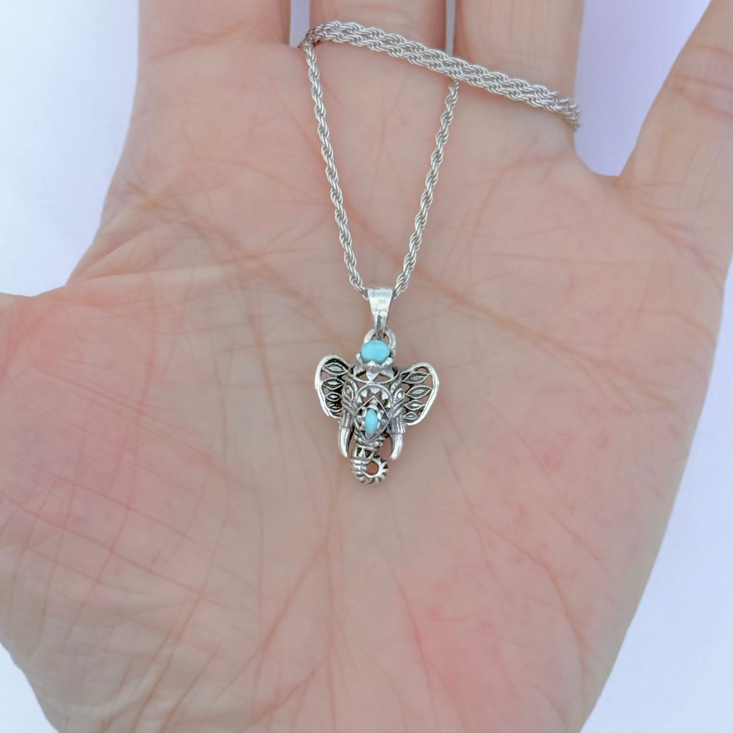 Sterling Silver Filigree Ganesha Elephant Necklace with Synthetic Turquoise, Silver Necklaces, Animal Chain, Elephants