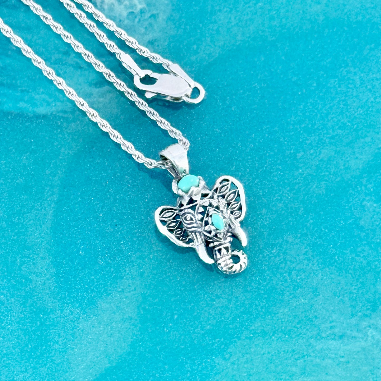 Sterling Silver Filigree Ganesha Elephant Necklace with Synthetic Turquoise, Silver Necklaces, Animal Chain, Elephants