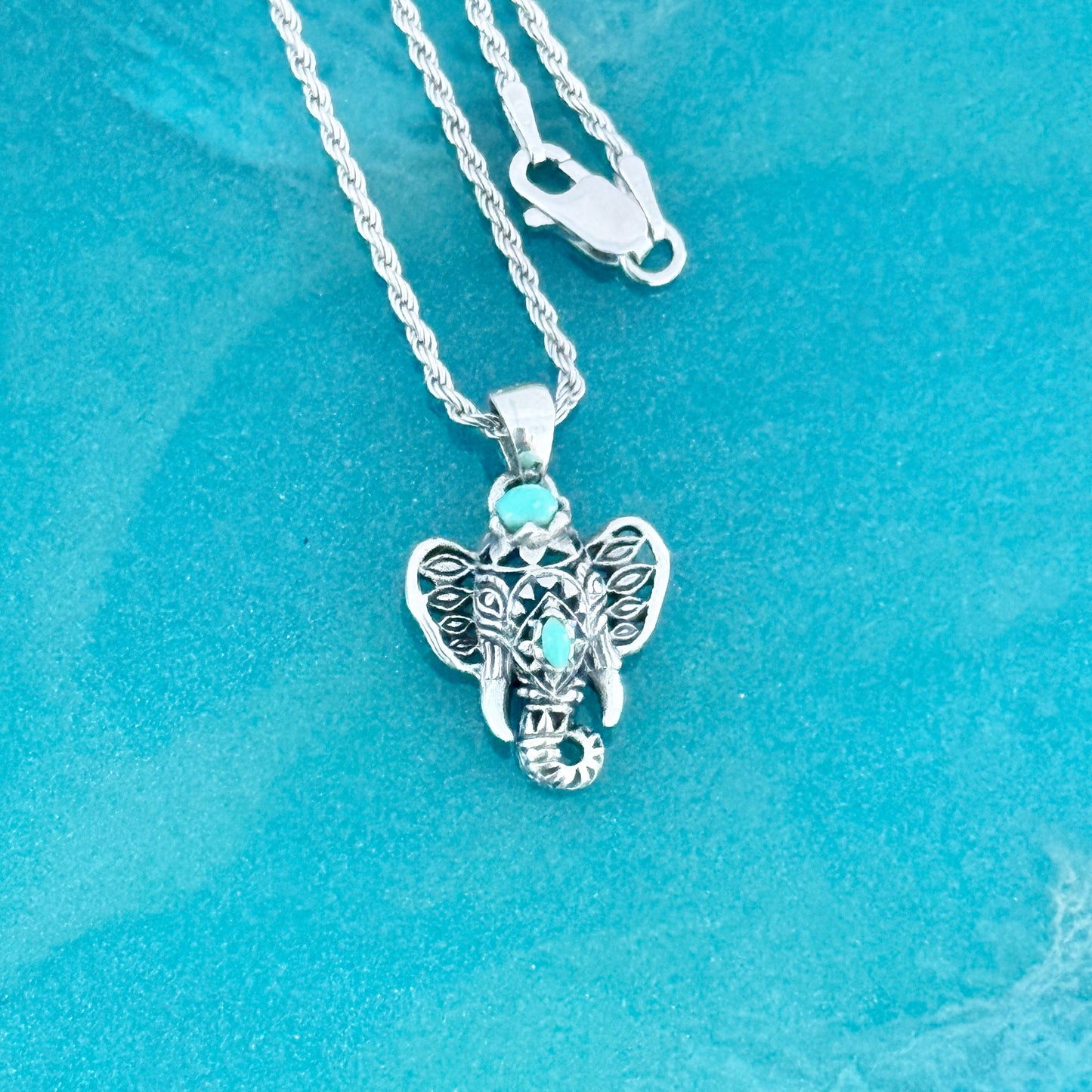 Sterling Silver Filigree Ganesha Elephant Necklace with Synthetic Turquoise, Silver Necklaces, Animal Chain, Elephants