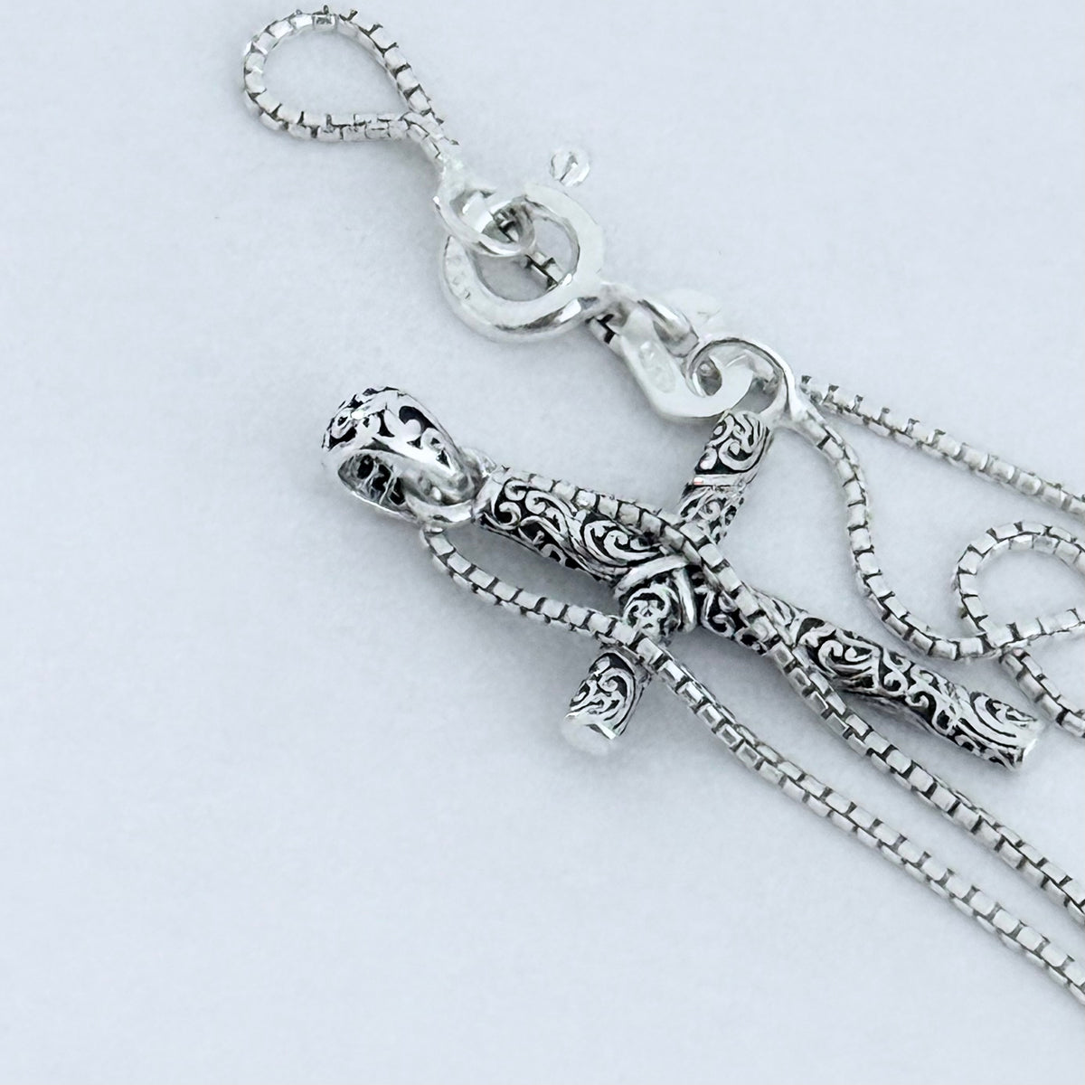 Sterling Silver Dainty Filigree Cross Necklace – Minimalist Christian Swirl Pendant Chain