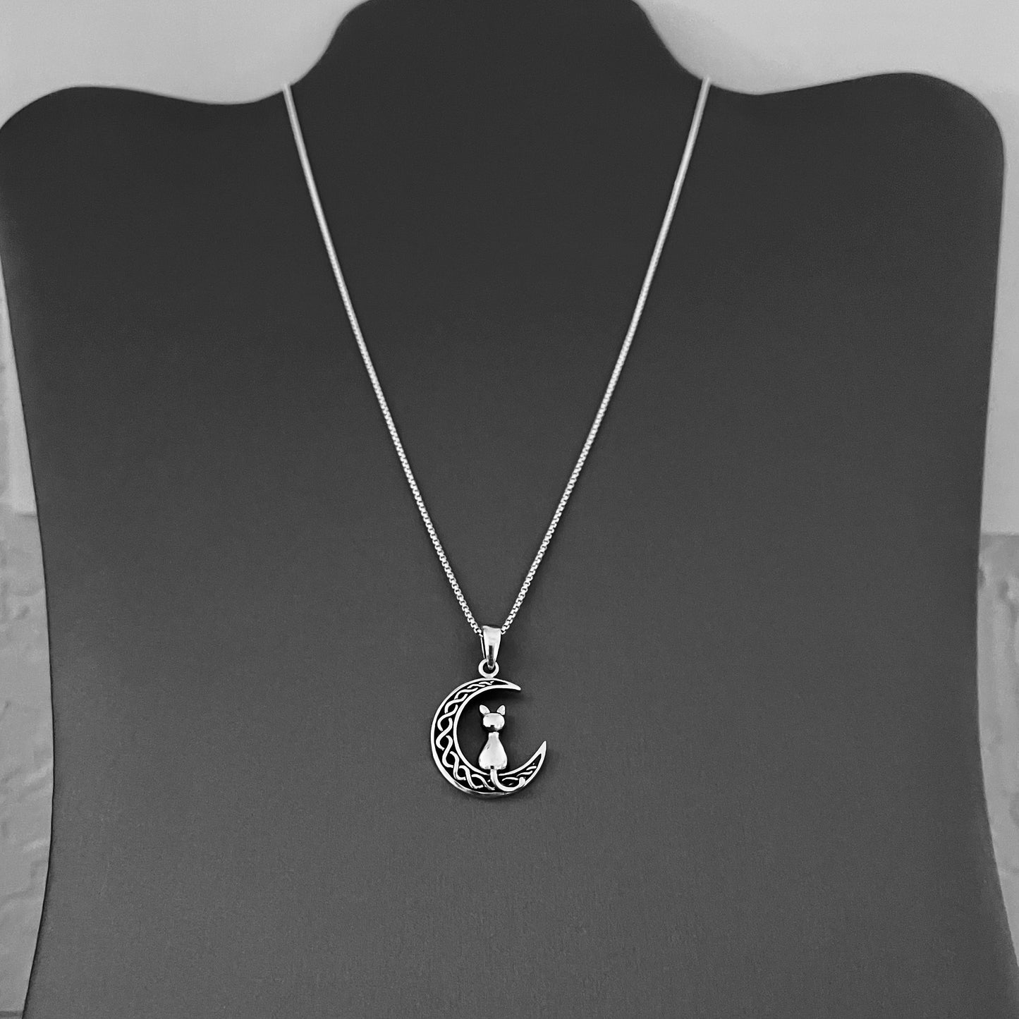 Sterling Silver Cat on Interwoven Crescent Moon Necklace, Kitten Necklace, Silver Necklaces