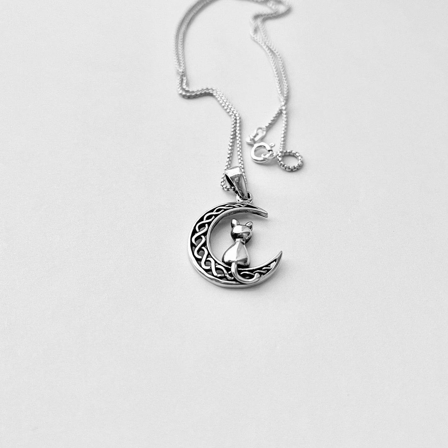 Sterling Silver Cat on Interwoven Crescent Moon Necklace, Kitten Necklace, Silver Necklaces