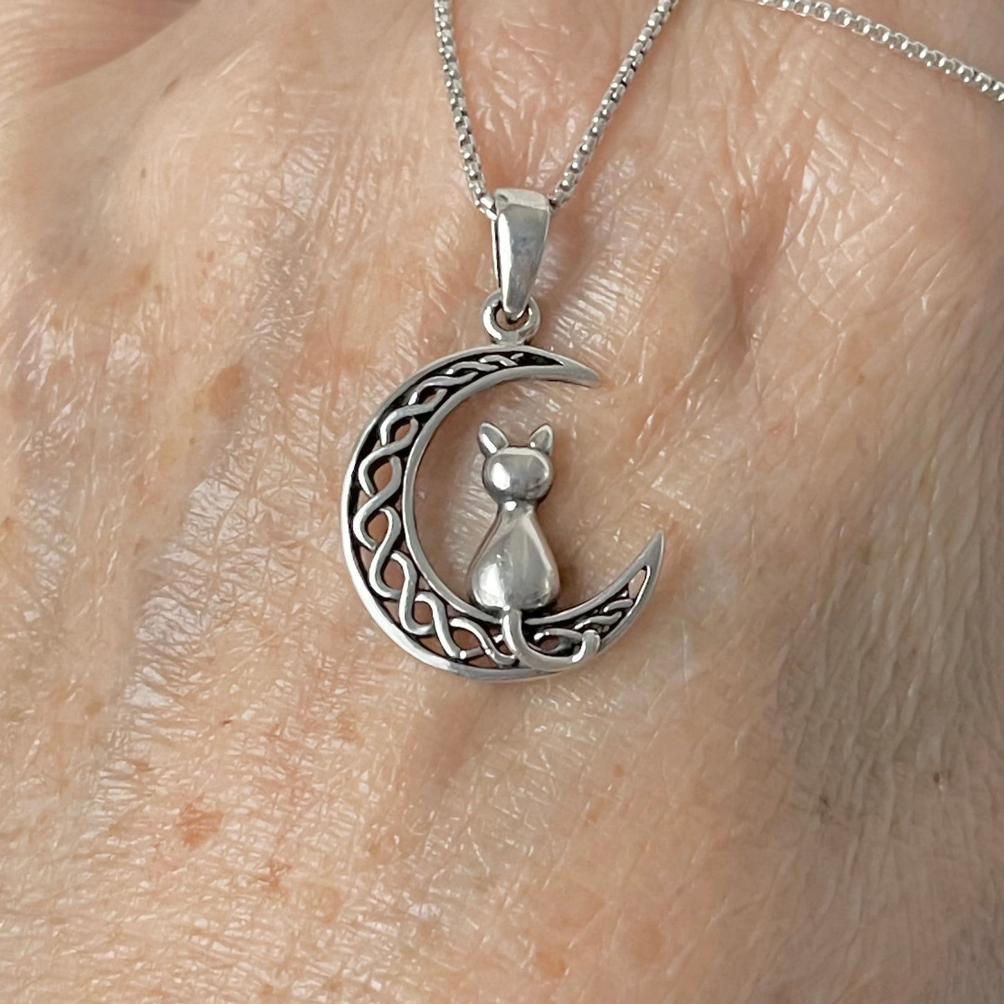 Sterling Silver Cat on Interwoven Crescent Moon Necklace, Kitten Necklace, Silver Necklaces