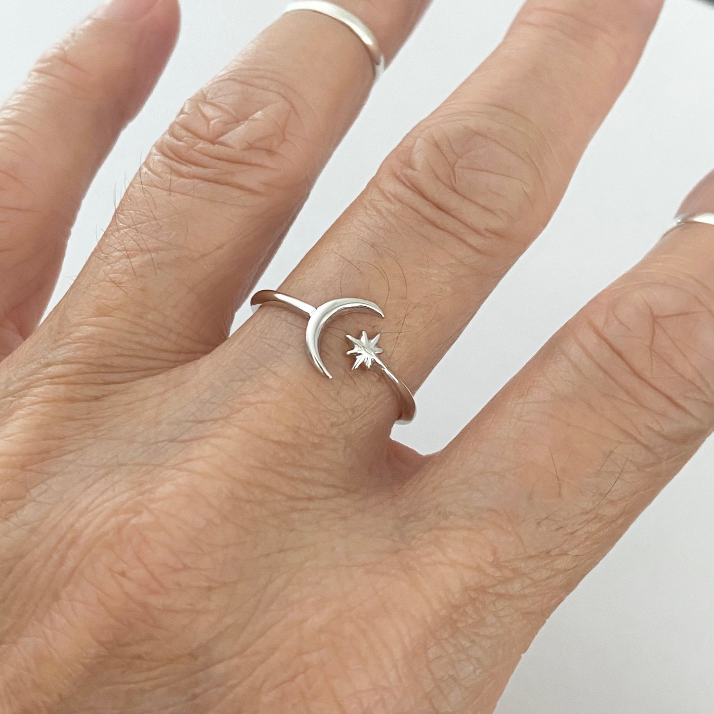 Sterling Silver Delicate Small Crescent Moon and Twinkle Star Ring, Minimalist Ring, Silver Ring