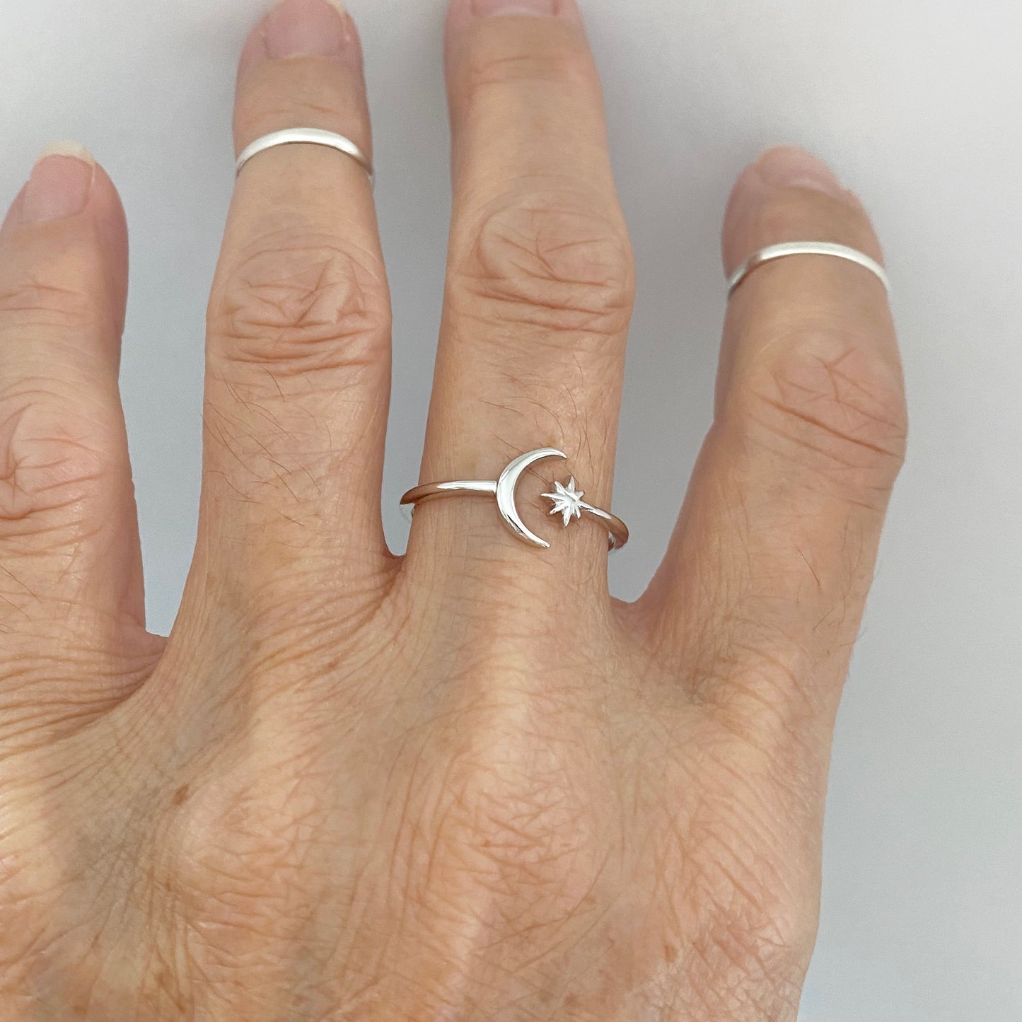Sterling Silver Delicate Small Crescent Moon and Twinkle Star Ring, Dainty Celestial Rings