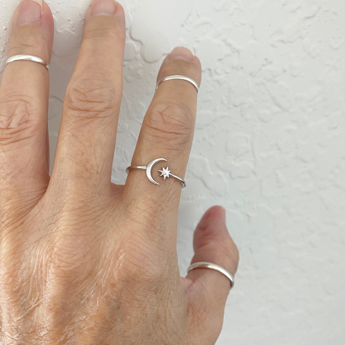 Sterling Silver Delicate Small Crescent Moon and Twinkle Star Ring, Minimalist Ring, Silver Ring