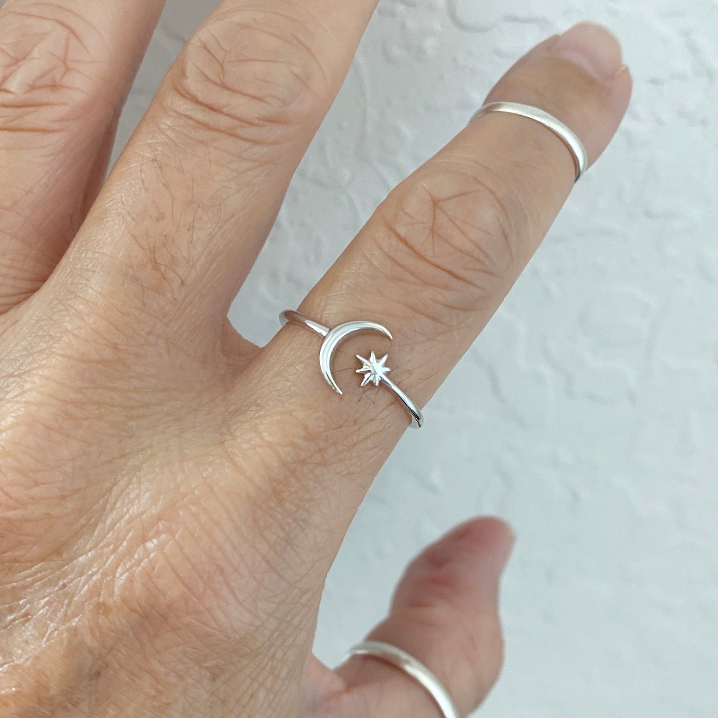 Sterling Silver Delicate Small Crescent Moon and Twinkle Star Ring, Minimalist Ring, Silver Ring