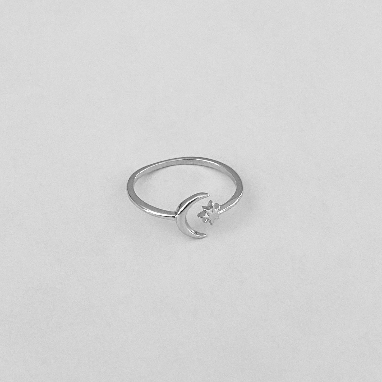 Sterling Silver Delicate Small Crescent Moon and Twinkle Star Ring, Minimalist Ring, Silver Ring