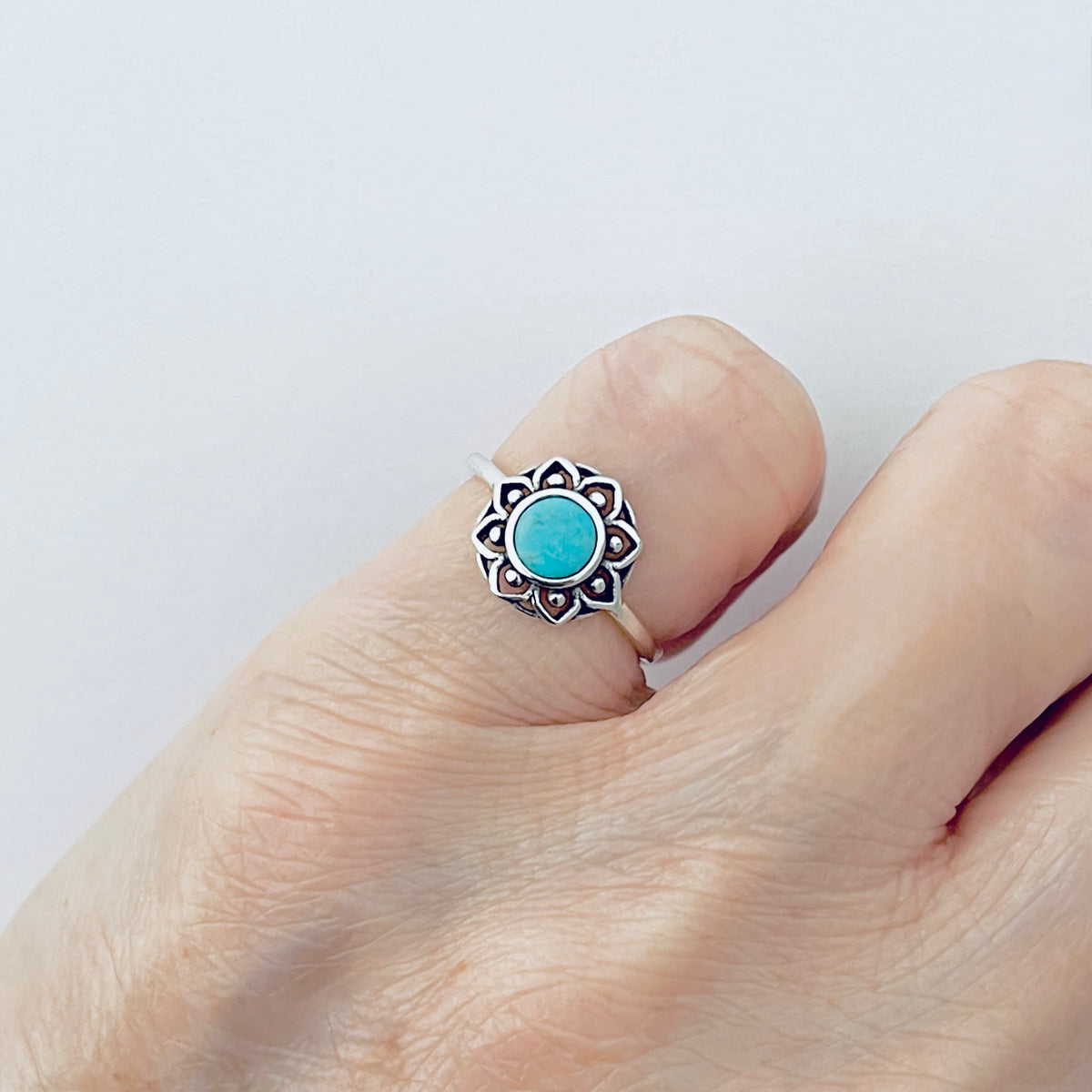 925 Sterling Silver Mandala Flower Genuine Turquoise Ring | Floral Stone Silver Rings