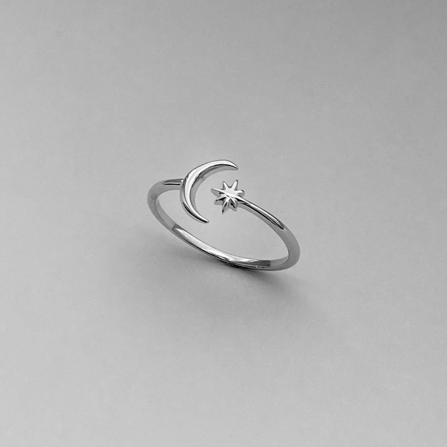 Sterling Silver Delicate Small Crescent Moon and Twinkle Star Ring, Minimalist Ring, Silver Ring