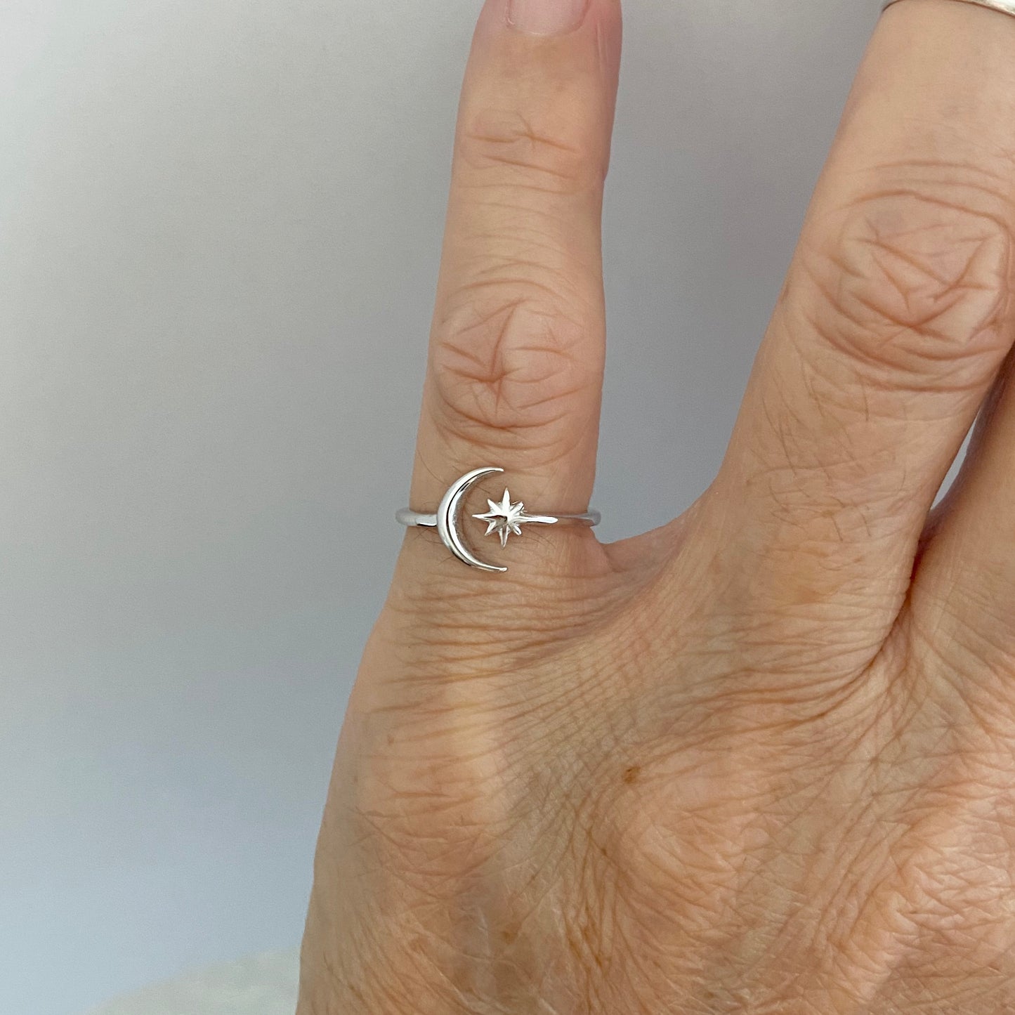 Sterling Silver Delicate Small Crescent Moon and Twinkle Star Ring, Minimalist Ring, Silver Ring