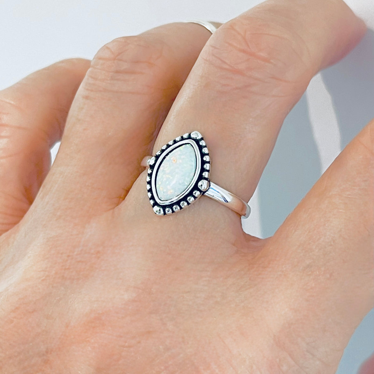 925 Sterling Silver Diamond Shape White Lab Opal Ring with Dots | October Birthstone Rings