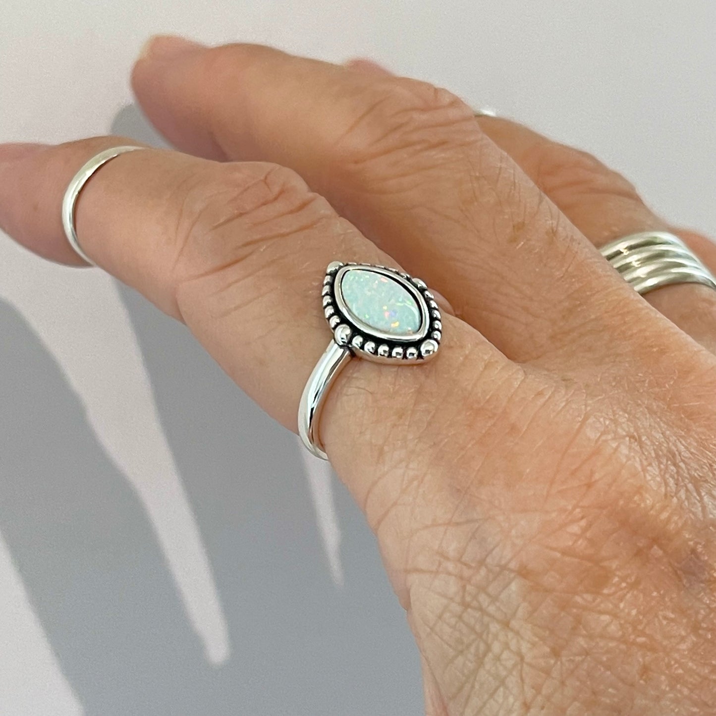 Sterling Silver Diamond Shape White Lab Opal Ring with Beads, Solitaire Silver Ring