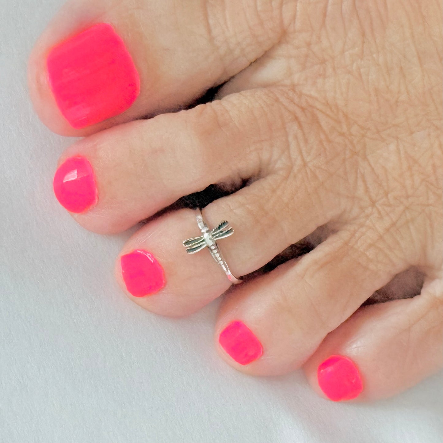 Sterling Silver Dragonfly Toe Ring with Hammered Band, Silver Rings, Spirit Bugs, Insect Wings