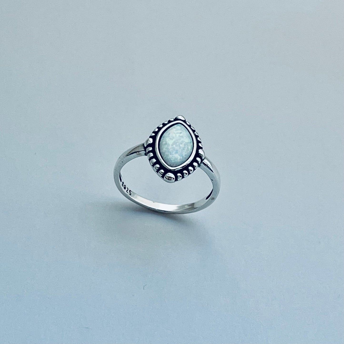 Sterling Silver Diamond Shape White Lab Opal Ring with Beads, Solitaire Silver Ring