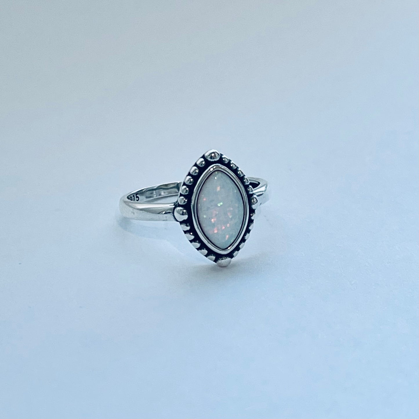 Sterling Silver Diamond Shape White Lab Opal Ring with Beads, Solitaire Silver Ring