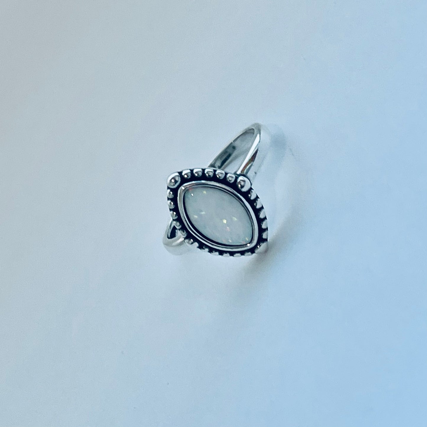 Sterling Silver Diamond Shape White Lab Opal Ring with Beads, Solitaire Silver Ring