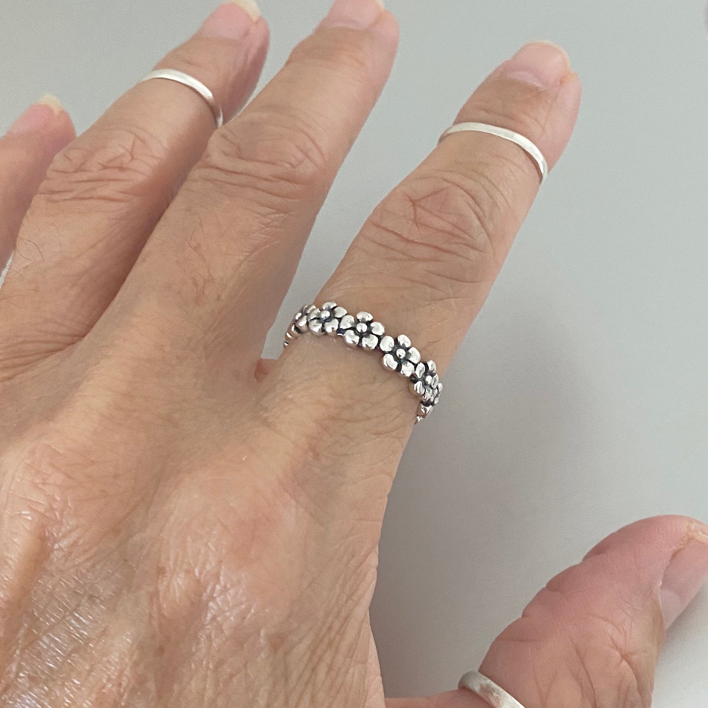 Sterling Silver Forget Me Not Flower Ring, Stacking Wedding Band, Floral Jewelry