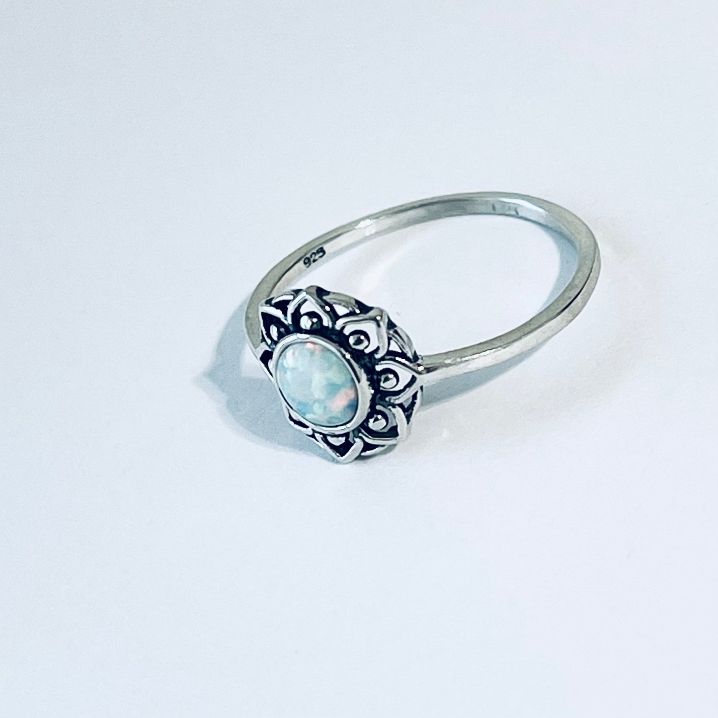 Sterling Silver Mandala White Lab Opal Ring | October Birthstone Jewelry