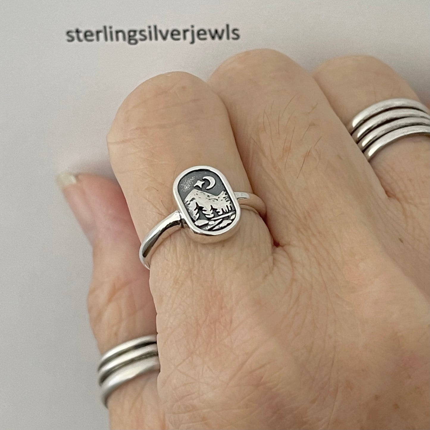 Sterling Silver Forest Ring, Nature Silver Ring, Scenic Mountain Ring