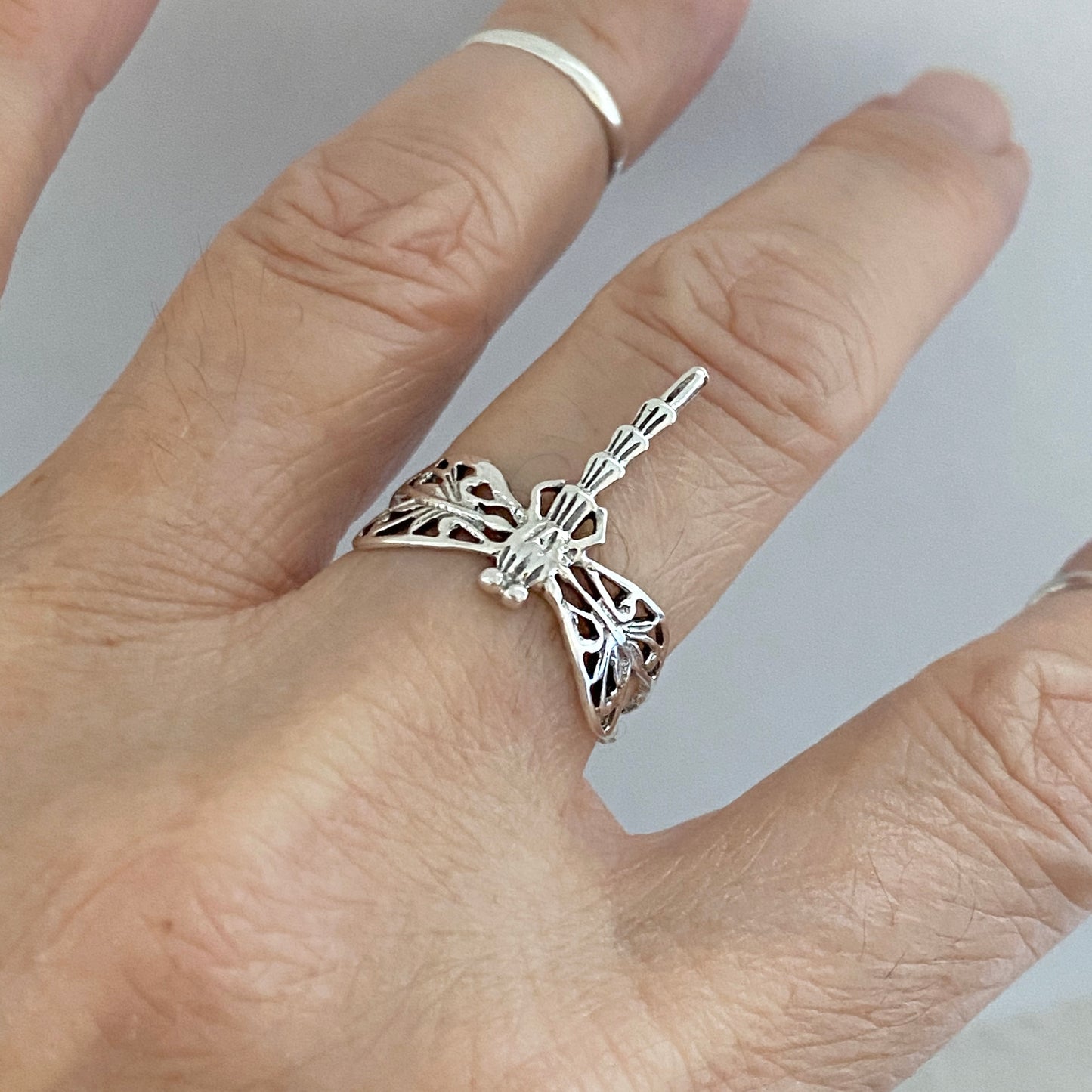 Sterling Silver Thin Filigree Dragonfly Ring, Silver Rings, Spirit Bugs, Insect