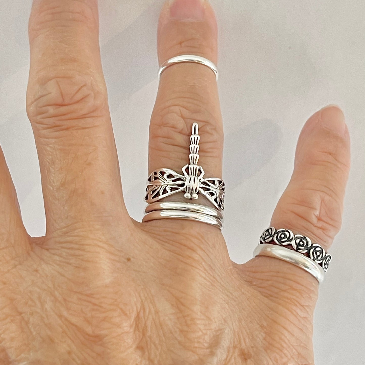Sterling Silver Thin Filigree Dragonfly Ring, Silver Rings, Spirit Bugs, Insect