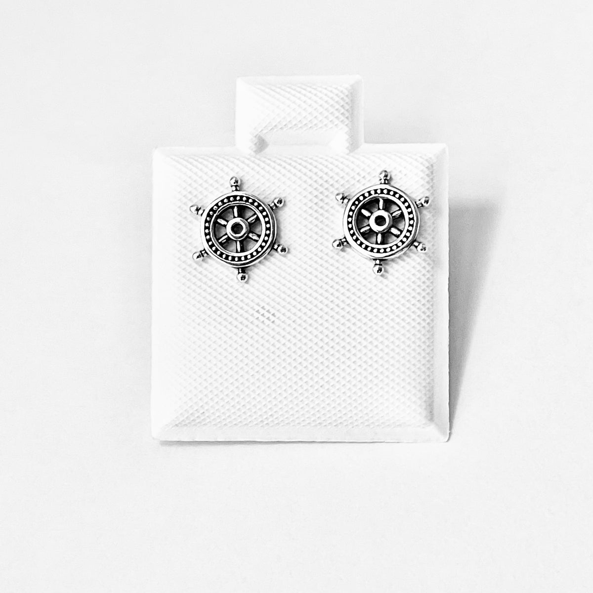 925 Sterling Silver Helm Stud Earrings | Nautical Ocean Ship Wheels Jewelry