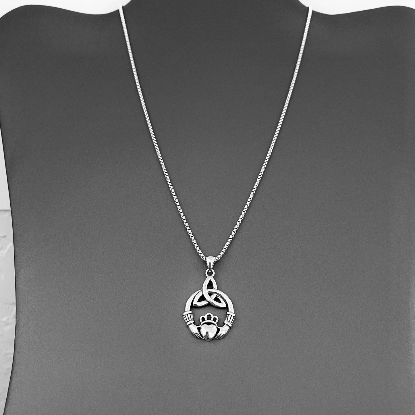 Sterling Silver Large Irish Claddagh Heart Necklace with Triquetra, Celtic Hearts Necklaces