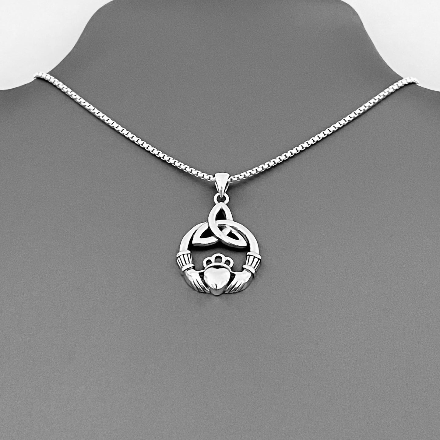 Sterling Silver Large Irish Claddagh Heart Necklace with Triquetra, Celtic Hearts Necklaces