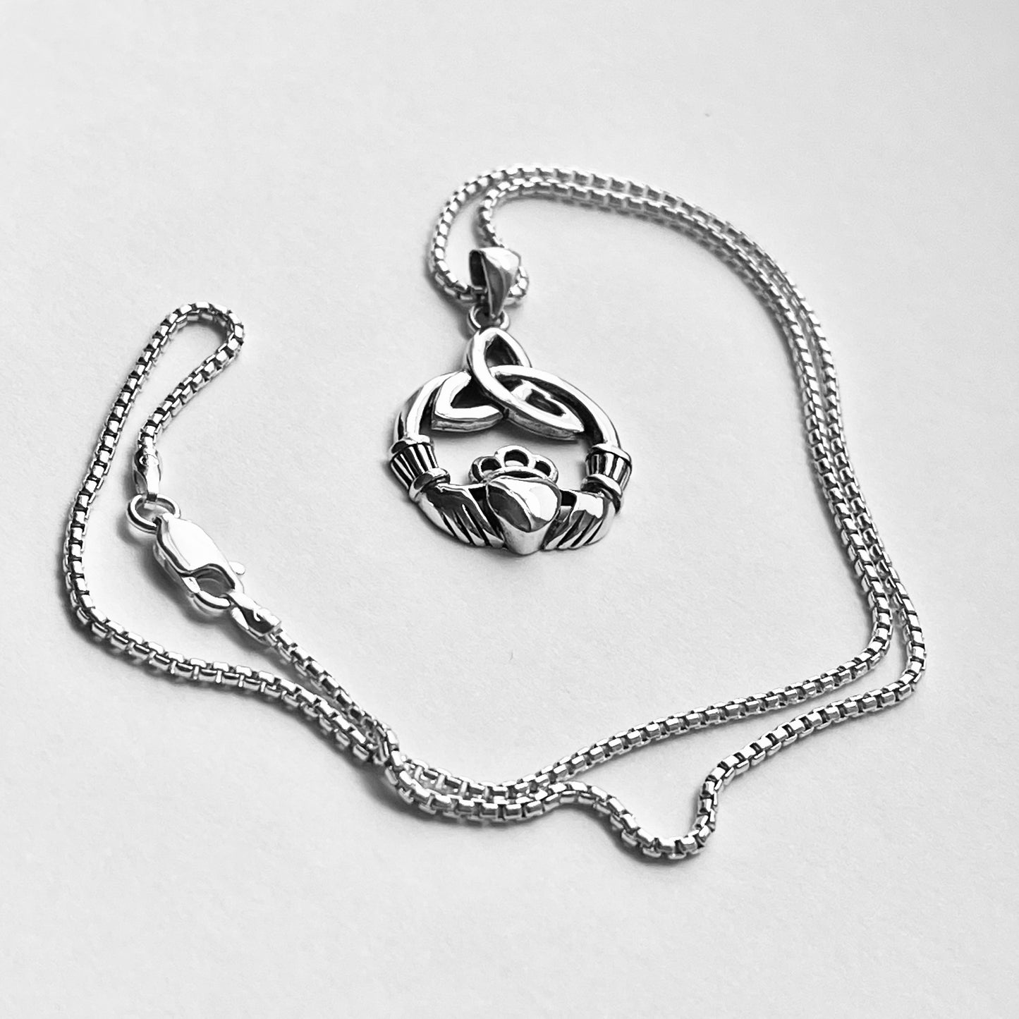 Sterling Silver Large Irish Claddagh Heart Necklace with Triquetra, Celtic Hearts Necklaces