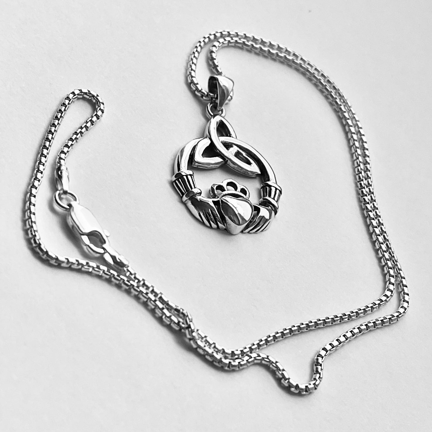 Sterling Silver Large Irish Claddagh Heart Necklace with Triquetra, Celtic Hearts Necklaces