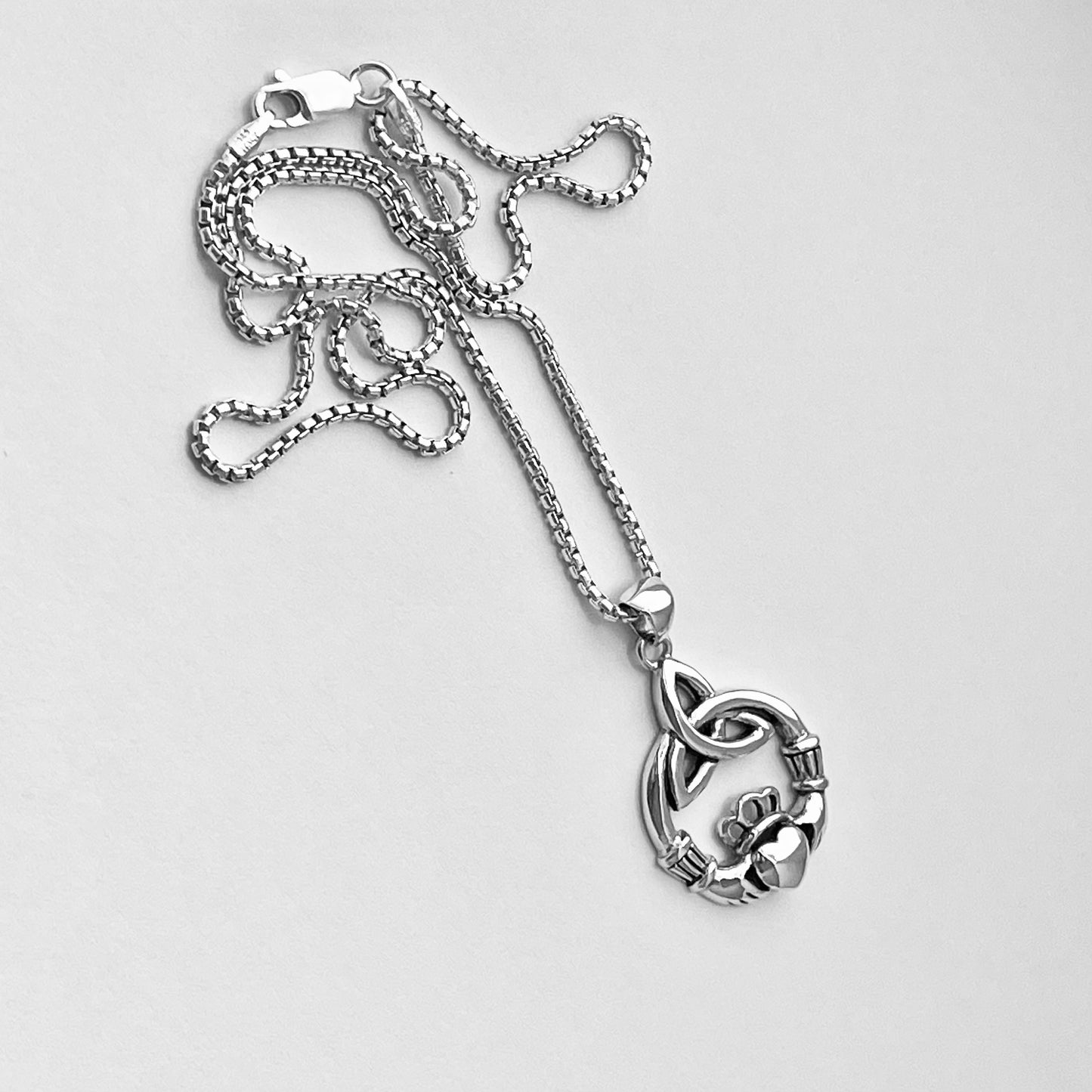 Sterling Silver Large Irish Claddagh Heart Necklace with Triquetra, Celtic Hearts Necklaces