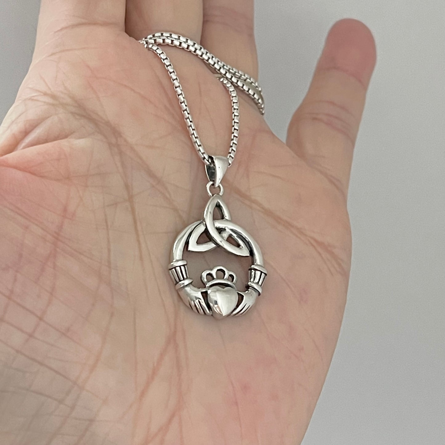 Sterling Silver Large Irish Claddagh Heart Necklace with Triquetra, Celtic Hearts Necklaces