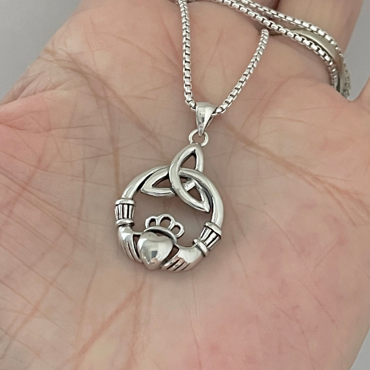 Sterling Silver Large Irish Claddagh Heart Necklace with Triquetra, Celtic Hearts Necklaces