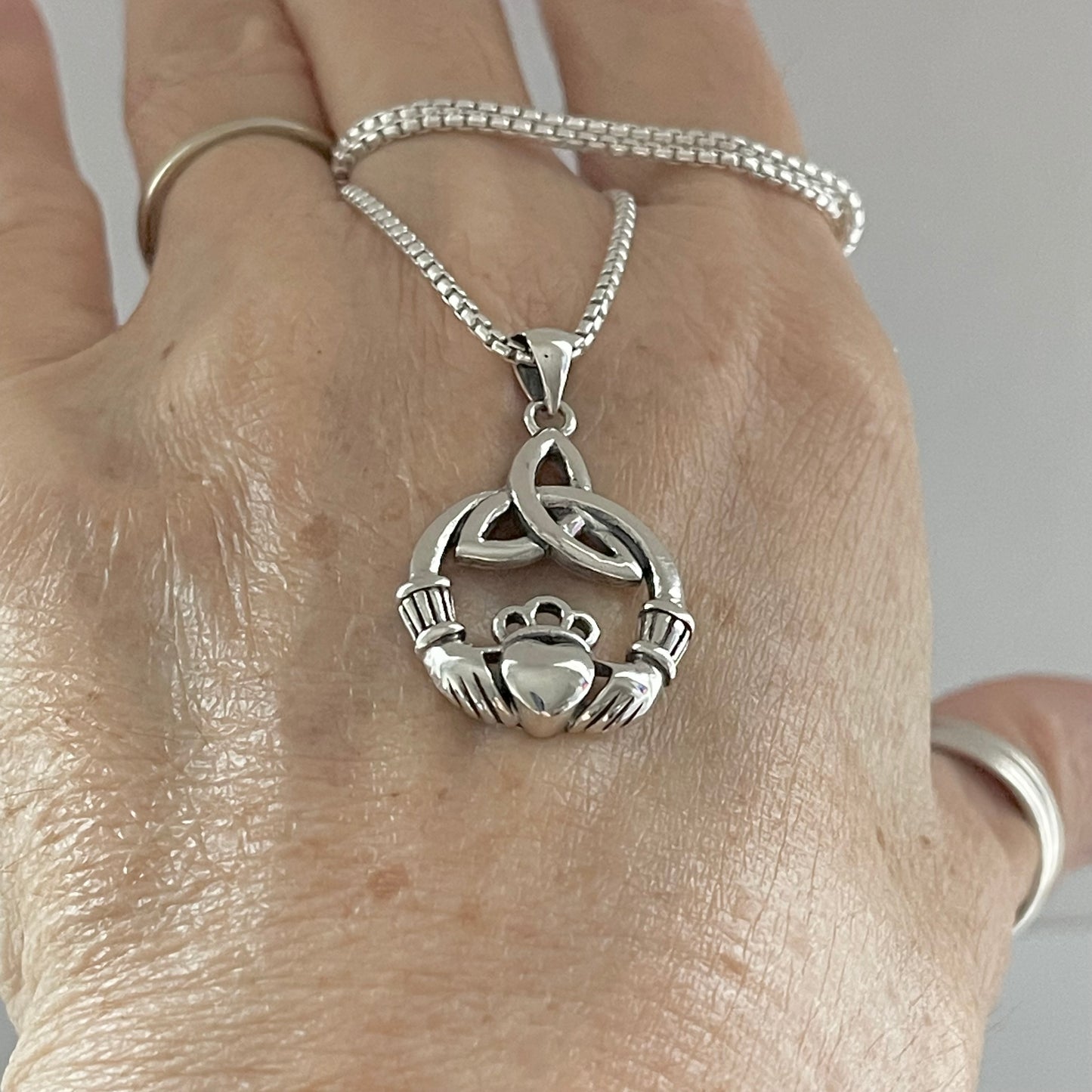 Sterling Silver Large Irish Claddagh Heart Necklace with Triquetra, Celtic Hearts Necklaces