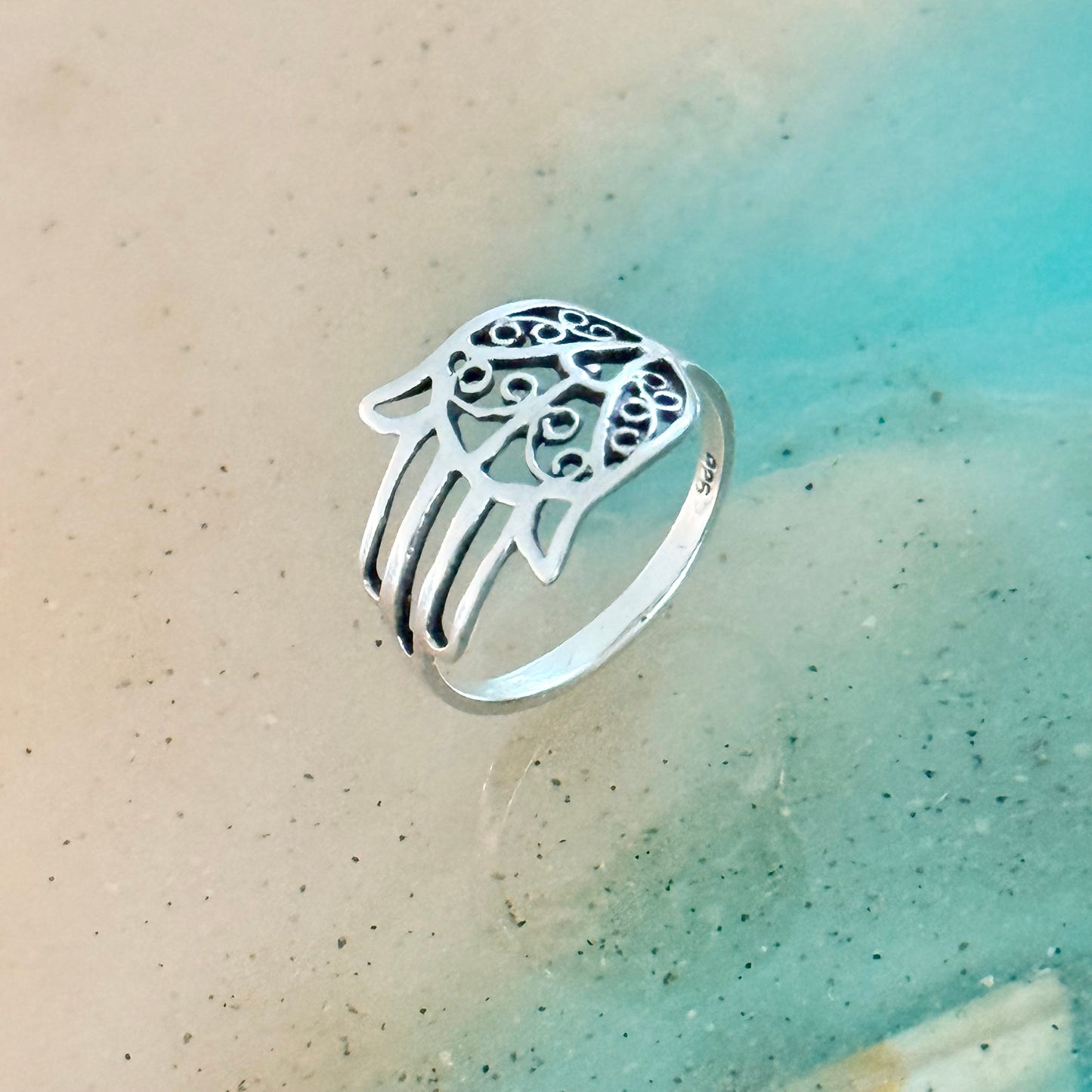 Sterling Silver Delicate Hamsa Hand Ring with Filigree | Hand of Fatima Jewelry, Protection Rings