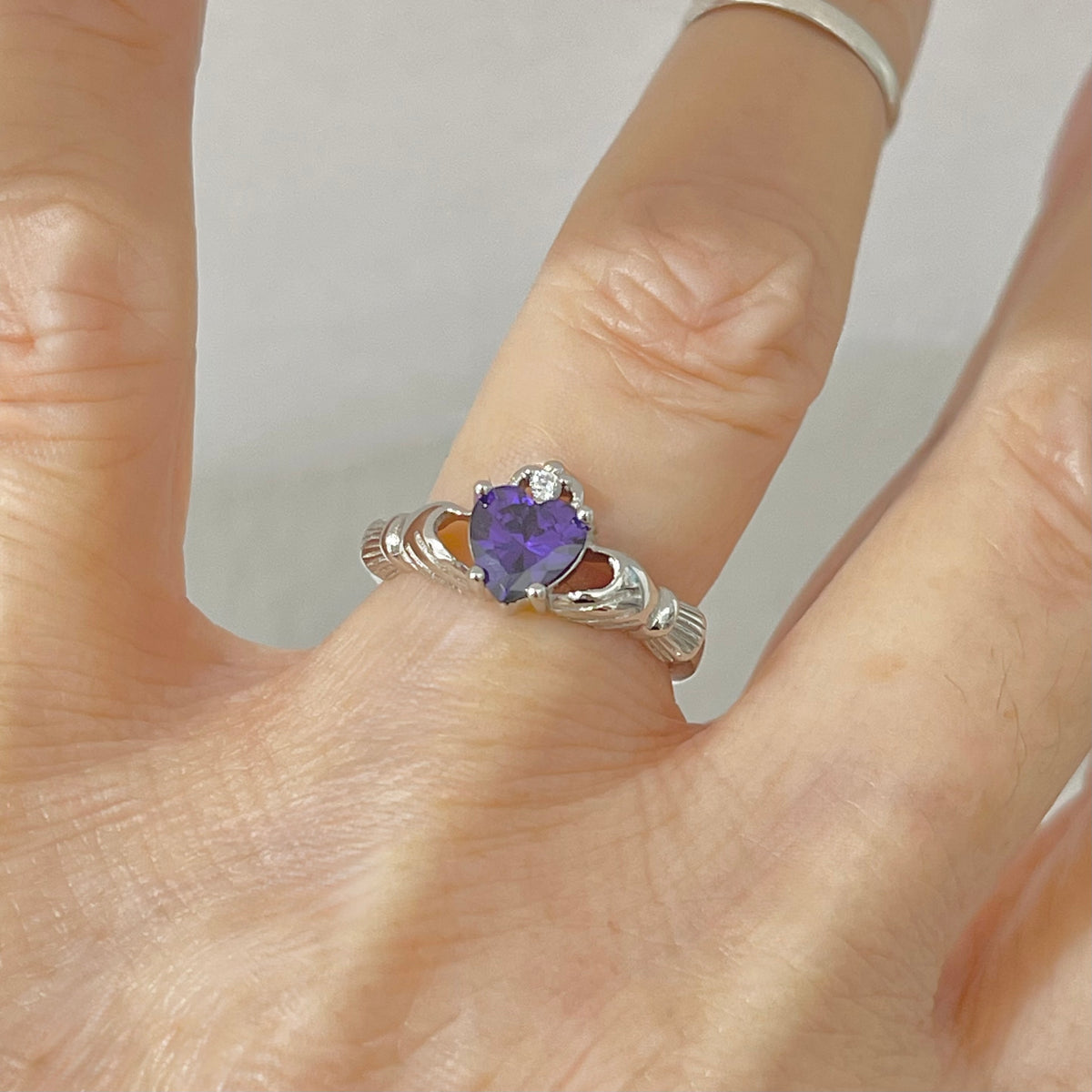 925 Sterling Silver Amethyst CZ Heart Irish Claddagh Ring | February Birthstone Silver Rings