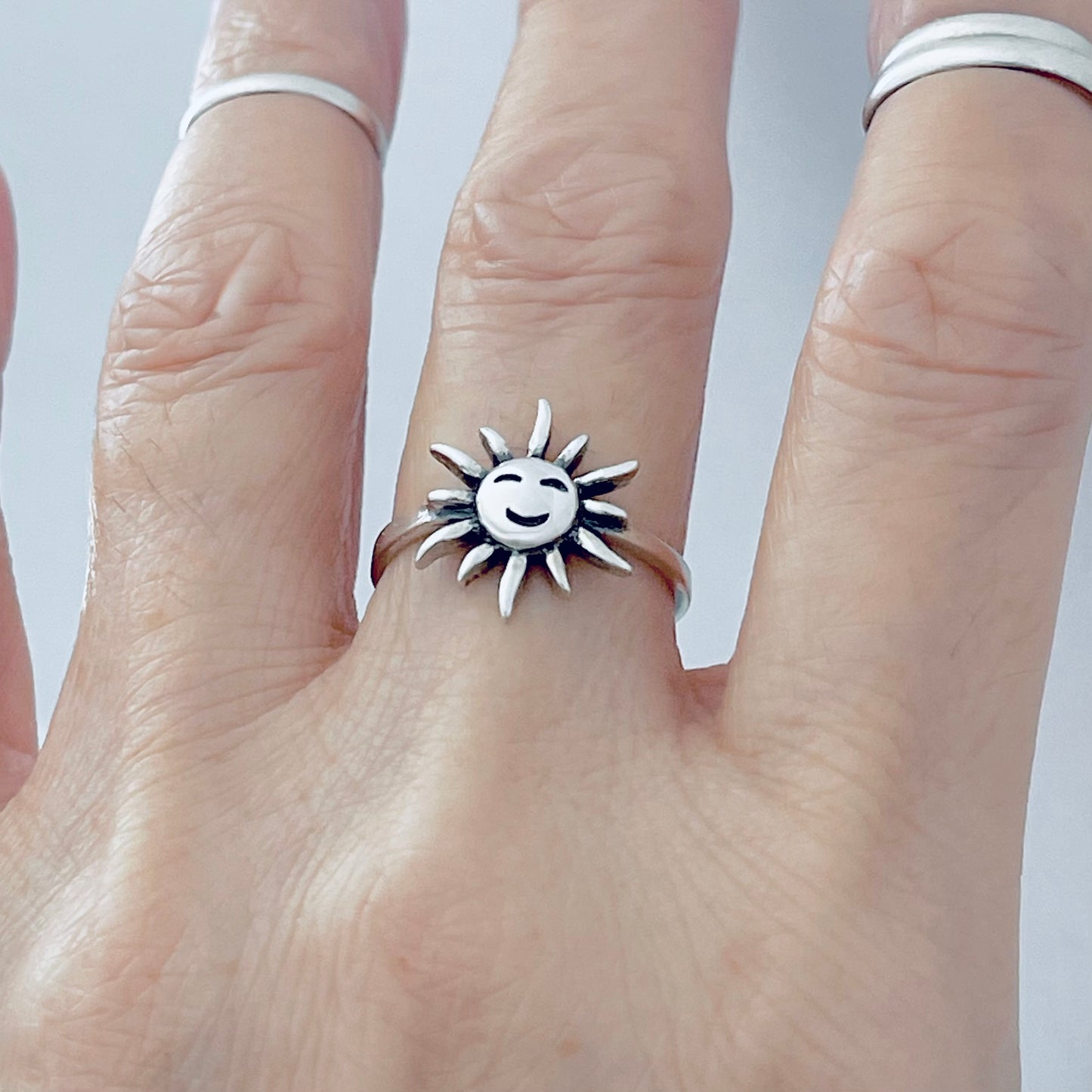 Sterling Silver Smiling Sun Ring | Happy Face, Celestial, Sunshine, Silver Rings
