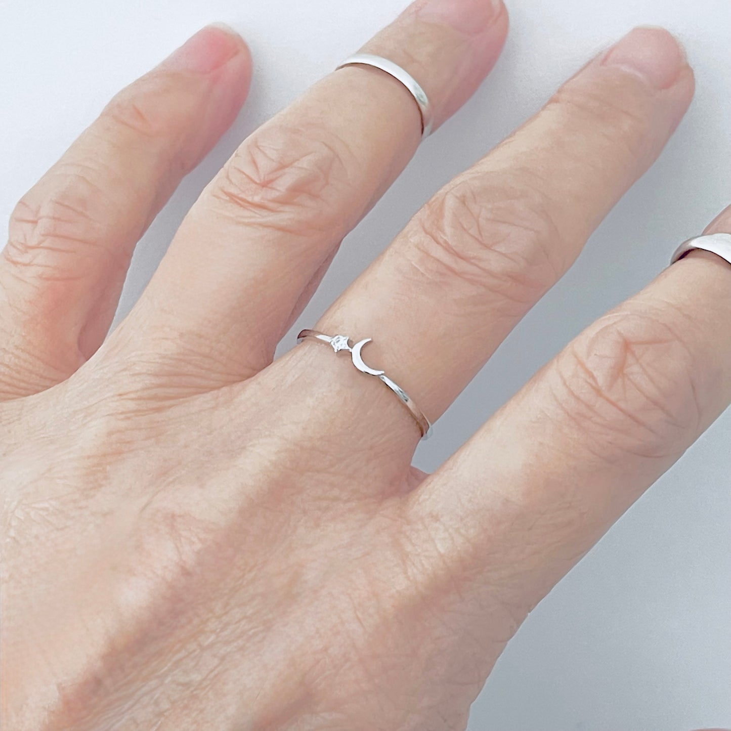 925 Sterling Silver Tiny Crescent Moon & CZ Star Ring | Dainty Delicate Celestial Silver Rings