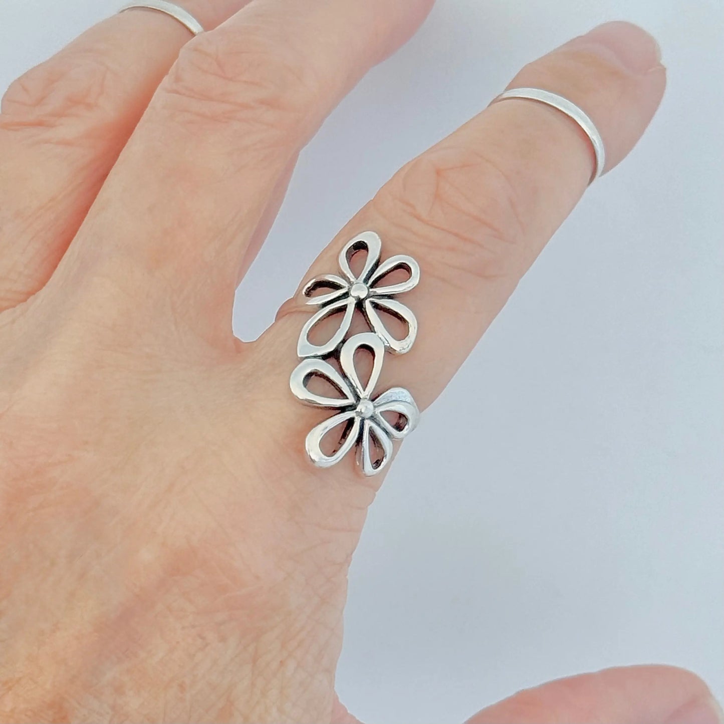 Sterling Silver 2 Large Daisy Flower Ring, Statement Jewelry
